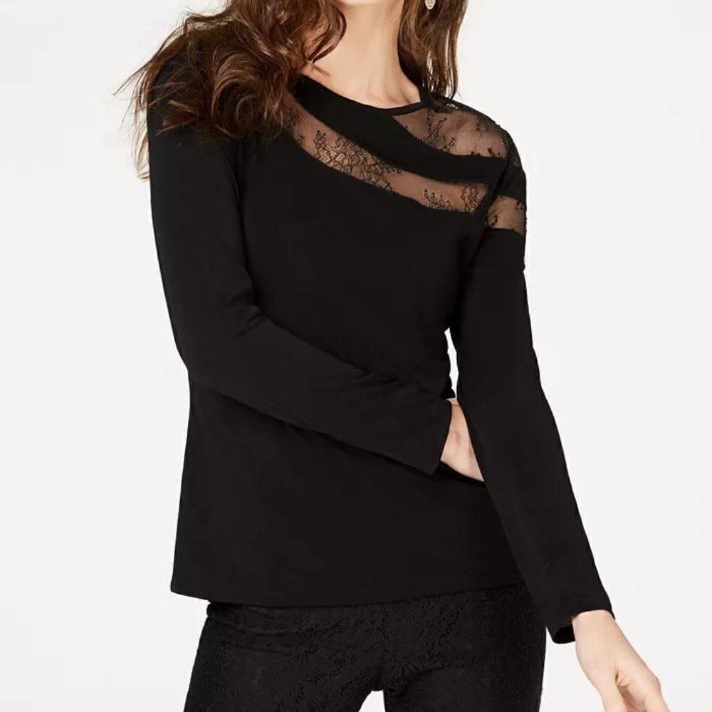 INC Long-Sleeve Illusion-Lace Top in Black - NEW
